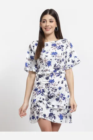 Aayu White & Blue Floral Printed Crepe A-Line Dress