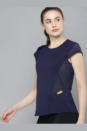 Fitkin Women Navy Blue Self Design Relaxed Fit Sports T-shirt