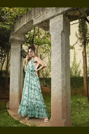 MANGO Green & White Floral Halter Neck Maxi Dress