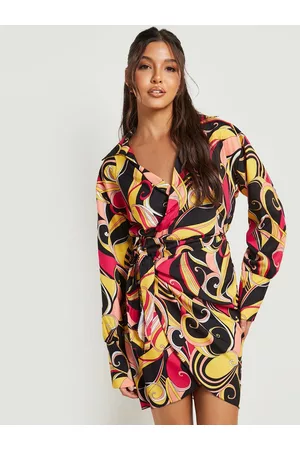 Boohoo Black & Yellow Abstract Print Wrap Shirt Dress