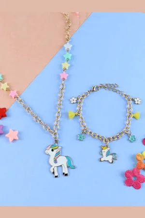asthetika Girls Gold-Plated Pink & Blue Beaded Unicorn Jewellery Set