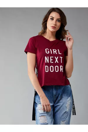 DOLCE CRUDO Women Maroon Printed Round Neck Pure Cotton T-shirt