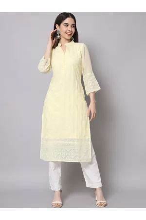 HERE&NOW Women Yellow Ethnic Motifs Embroidered Thread Work Georgette Kurta