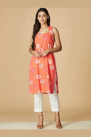 Fabindia Women Peach-Coloured Cotton Ethnic Motifs Printed Kurta