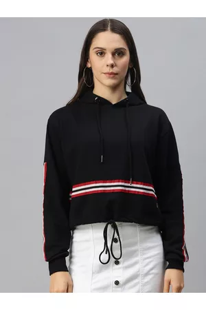 Campus Women Black & Red Striped Hooded Hem Tie-Up Detail Pullover Sweatshirt