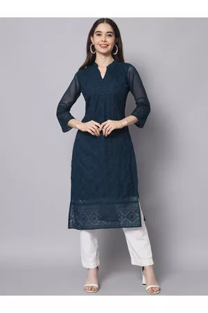HERE&NOW Women Navy Blue Ethnic Motifs Embroidered Thread Work Georgette Kurta