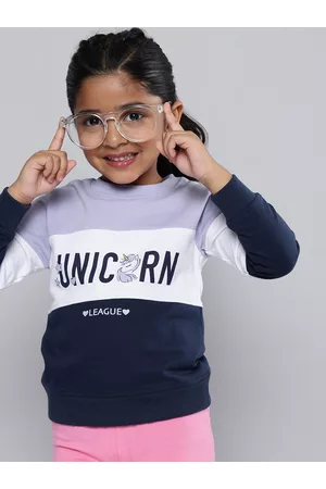 HERE&NOW Girls Purple & Navy Blue Printed Sweatshirt