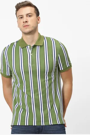 Celio Men Olive Green Striped Polo Collar T-shirt