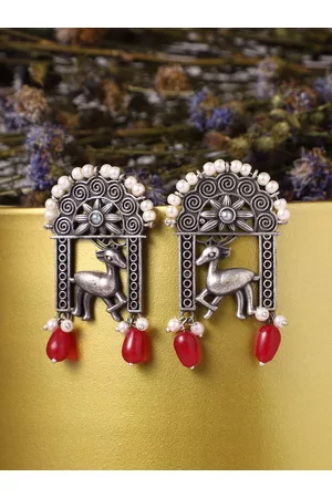 Veni Women Silver-Plated Oxidised Contemporary Drop Earrings
