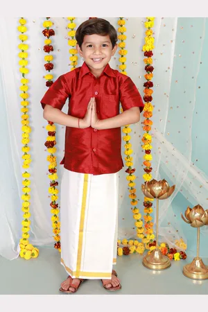 KID1 Boys Maroon & White Regular Shirt With Ready to Wear Veshti
