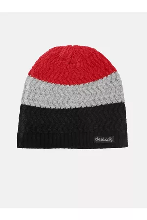 DressBerry Women Grey & Red Colourblocked Acrylic Beanie