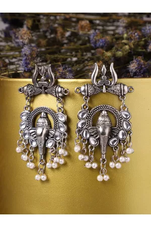 Veni Women Silver-Plated Oxidised Contemporary Drop Earrings