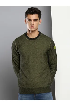 Calvin Klein Men Sea Green & Black Striped Pullover Sweaters