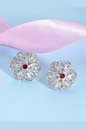 Fida Red Rhodium-Plated Floral Studs Earrings