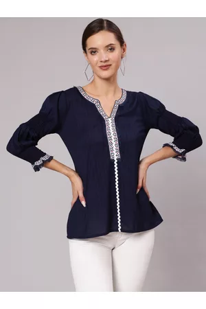 Jaipur Women Navy Blue & White Striped Keyhole Neck Indigo Top With Smocked Sleeves