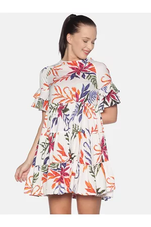 Campus White & Orange Floral A-Line Dress