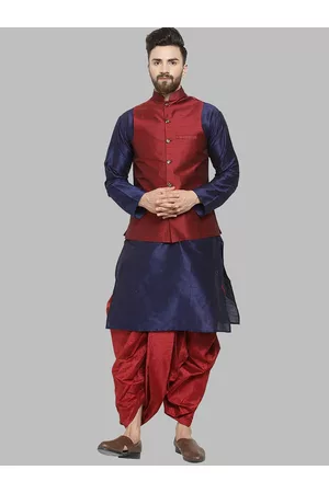 Royal Kurta Men Navy Blue Kurta with Dhoti Pants & Nehru Jacket