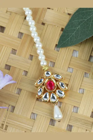 asthetika Gold-Plated Kundan & Pearls Studded Maangtika Head Jewellery