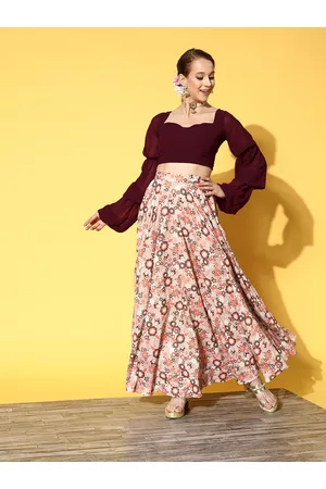 Inddus Women Brown & Orange Printed Top & Skirt