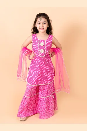 pspeaches Girls Purple Bandhani Printed Gotta Patti Pure Cotton Kurti with Sharara & With Dupatta