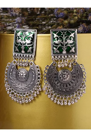Veni Women Silver-Plated Oxidised Contemporary Chandbalis Earrings