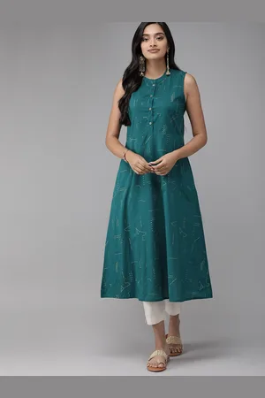 Anouk Teal Green Geometric Printed Pure Cotton Fit and Flare Dress