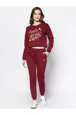 Sera Women Burgundy & White Solid Cotton Tracksuit