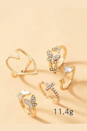 Jewels Galaxy Set Of 5 Gold-Plated Contemporary Stone-Studded Finger Rings