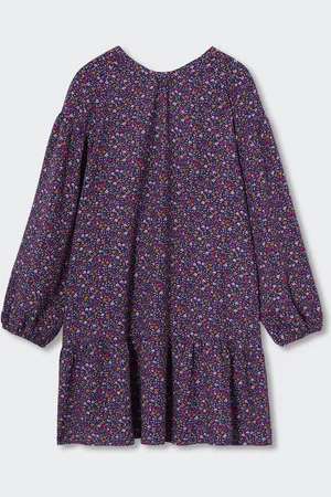 MANGO Girls Floral Printed Puff Sleeves Sustainable Drop-Waist Dress