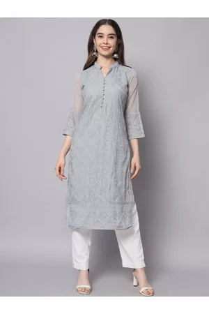HERE&NOW Women Grey Ethnic Motifs Embroidered Thread Work Georgette Kurta