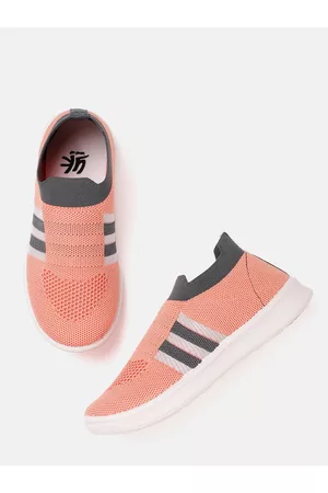 YK Girls Coral Pink Woven Design Slip-On Sneakers