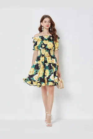JC Collection Green & Yellow Floral Off-Shoulder Dress