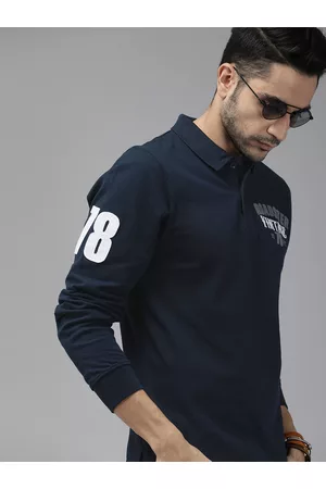 Roadster Men Long Sleeve - The Lifestyle Co Men Navy Blue Solid Embroidered Polo Pure Cotton T-shirt