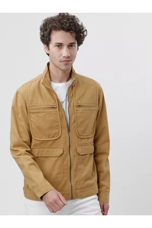 LocoMotive Men Khaki Solid Open Front Cotton Jacket