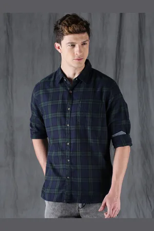 WROGN Men Navy Blue & Green Slim Fit Checked Casual Shirt