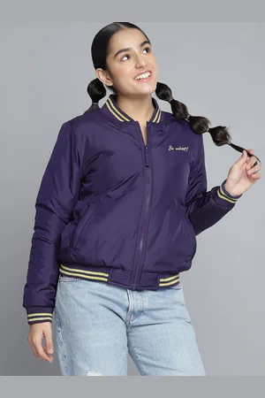 YK Girls Navy Blue Solid Bomber Jacket