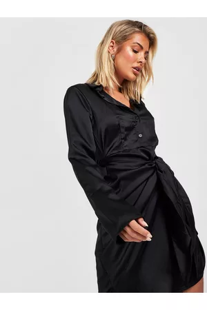 Boohoo Black Front Knot Satin Shirt Dress