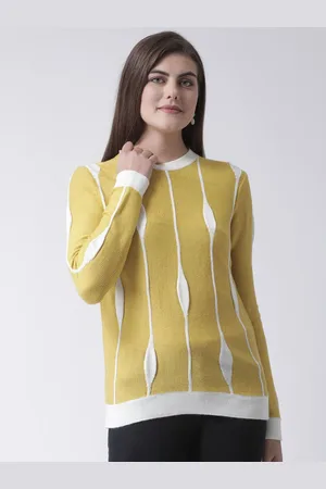 Club York Women Yellow & White Striped Acrylic Pullover