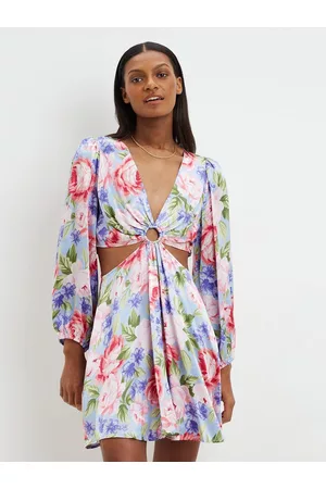 Dorothy Perkins Blue & Green Floral Print Satin A-Line Mini Dress