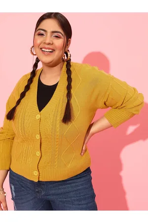 CURVY STREET Plus Size Women Yellow Cable Knit Acrylic Cardigan
