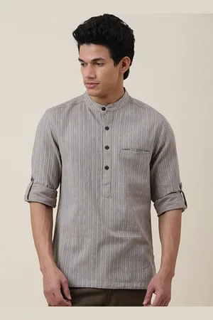 Fabindia Men Grey Striped Cotton Kurta