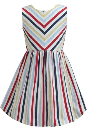 A.T.U.N. A T U N Girls White & Red Striped Pure Cotton Dress