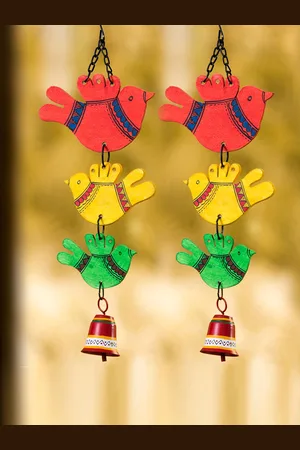 ExclusiveLane Set of 2 Hand-Painted Decorative Hanging Bell Wind Chime In Metal And Wood