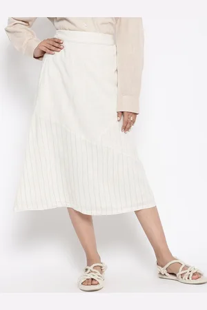 Fabindia Off-White Embroidered Pure Cotton Knee-Length A-Line Skirt