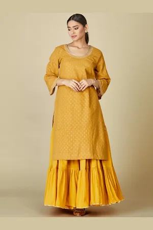 Fabindia Women Mustard Yellow Floral Printed Thread Work Pure Cotton Kurta with Sharara