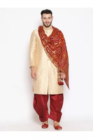 Bazaar Men Dupattas - Men Maroon & Yellow Woven Design Bandhani Dupatta