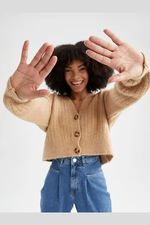 DeFacto Women Beige Striped Crop Cardigan