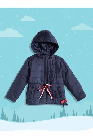 White Snow Girls Navy Blue Solid Hooded Padded Jacket with Waist Tie-Ups & Pom-Pom Bow