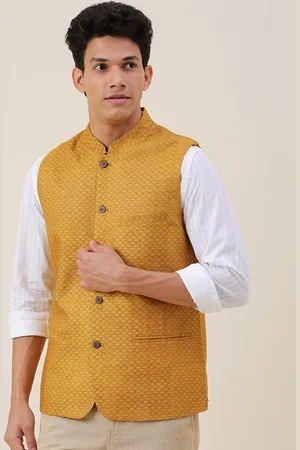 Fabindia Men Yellow Woven Design Nehru Jackets