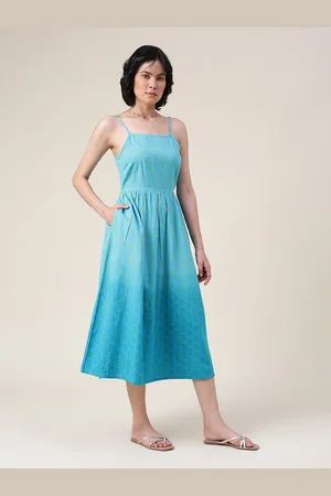 Fabindia Blue Cotton Floral A-Line Midi Dress